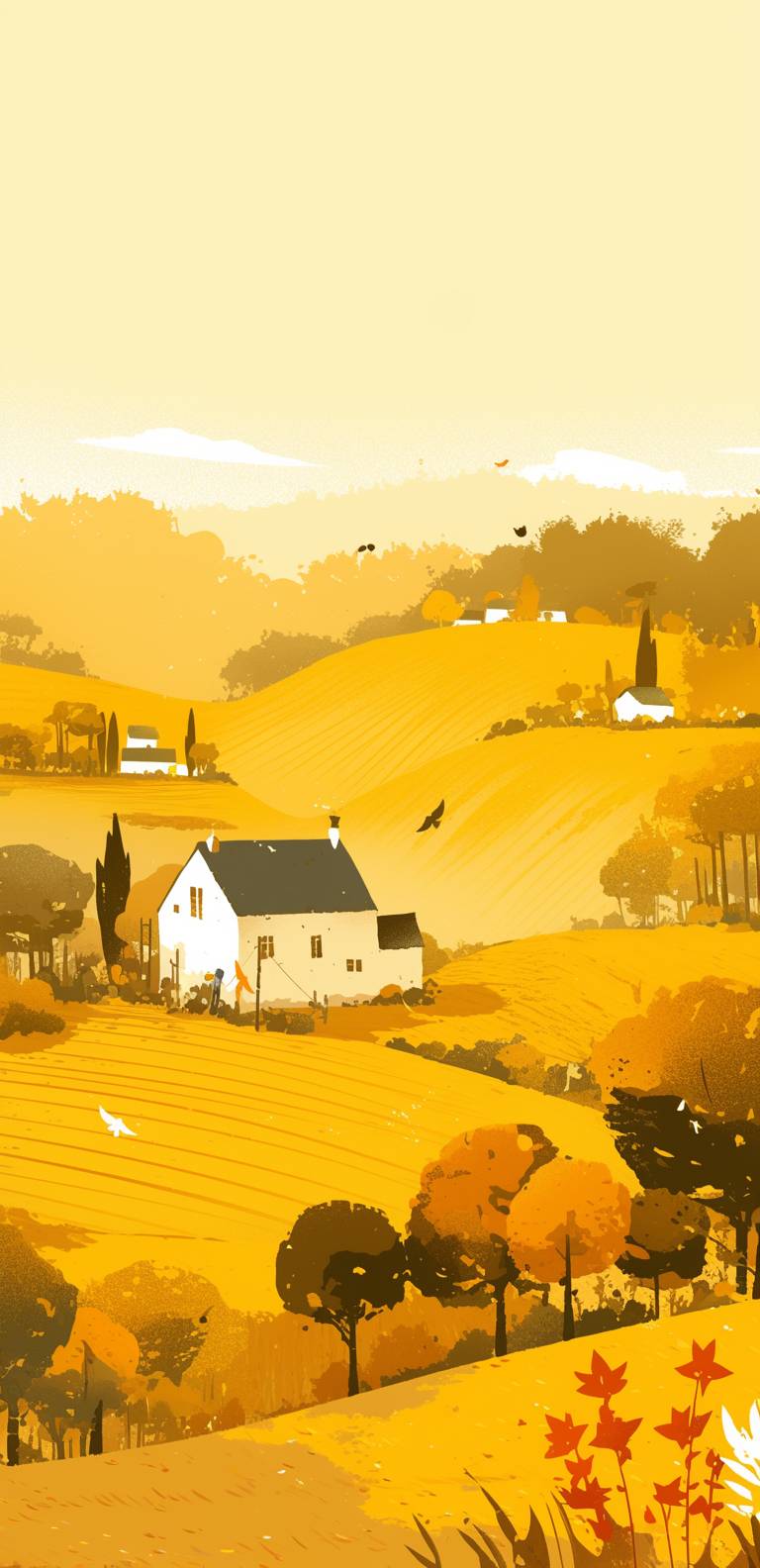 Une illustration à main levée d'un petit village blanc avec un contour transparent, ambiance matinale avec un agencement de couleurs jaunes, dans le style de découpages en papier.