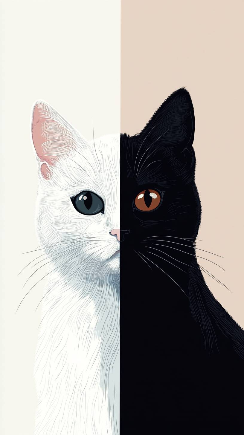 Une illustration artistique dans un style minimaliste mettant en avant un chat noir et un chat blanc, avec des yeux clairs et méticuleux, démontrant une grande esthétique.