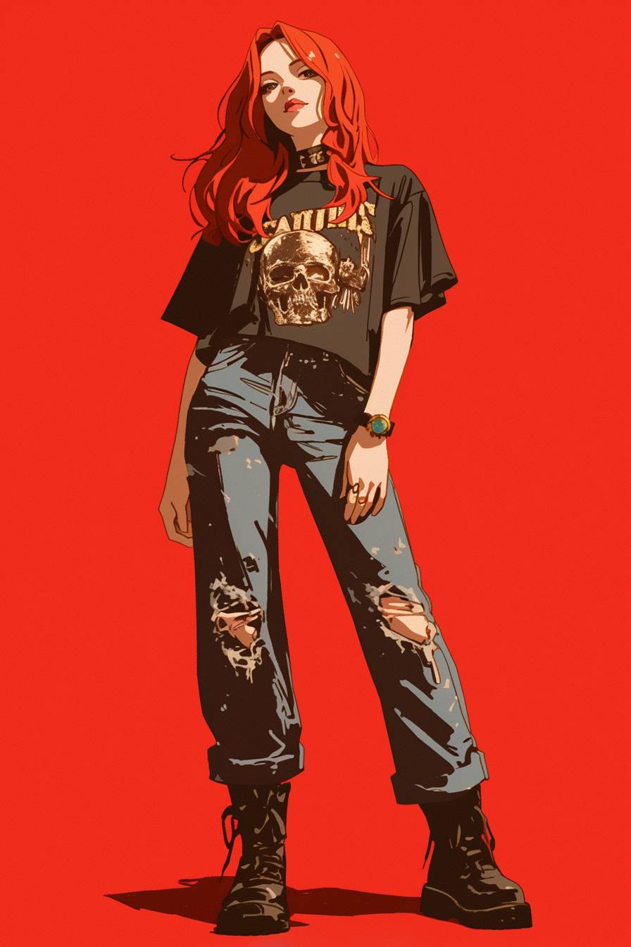 Estilo de Sophie Turner: chica anime con cabello rojo, rock chic, camiseta de banda, jeans rasgados, botas de combate, ideal para un festival de música.