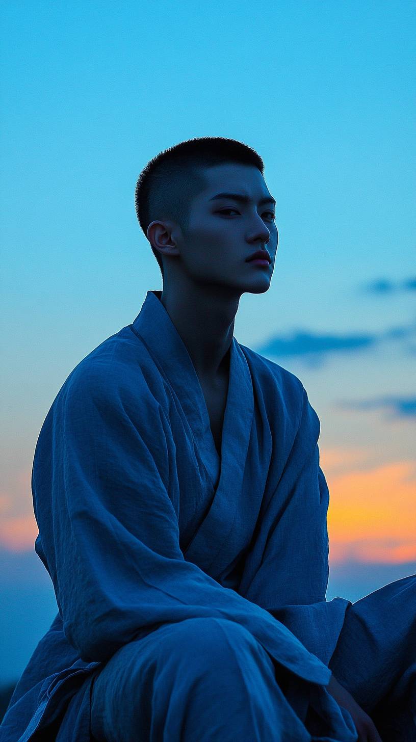 Capture the dynamic essence of a young Chinese Metrosexual against a deep blue twilight sky.