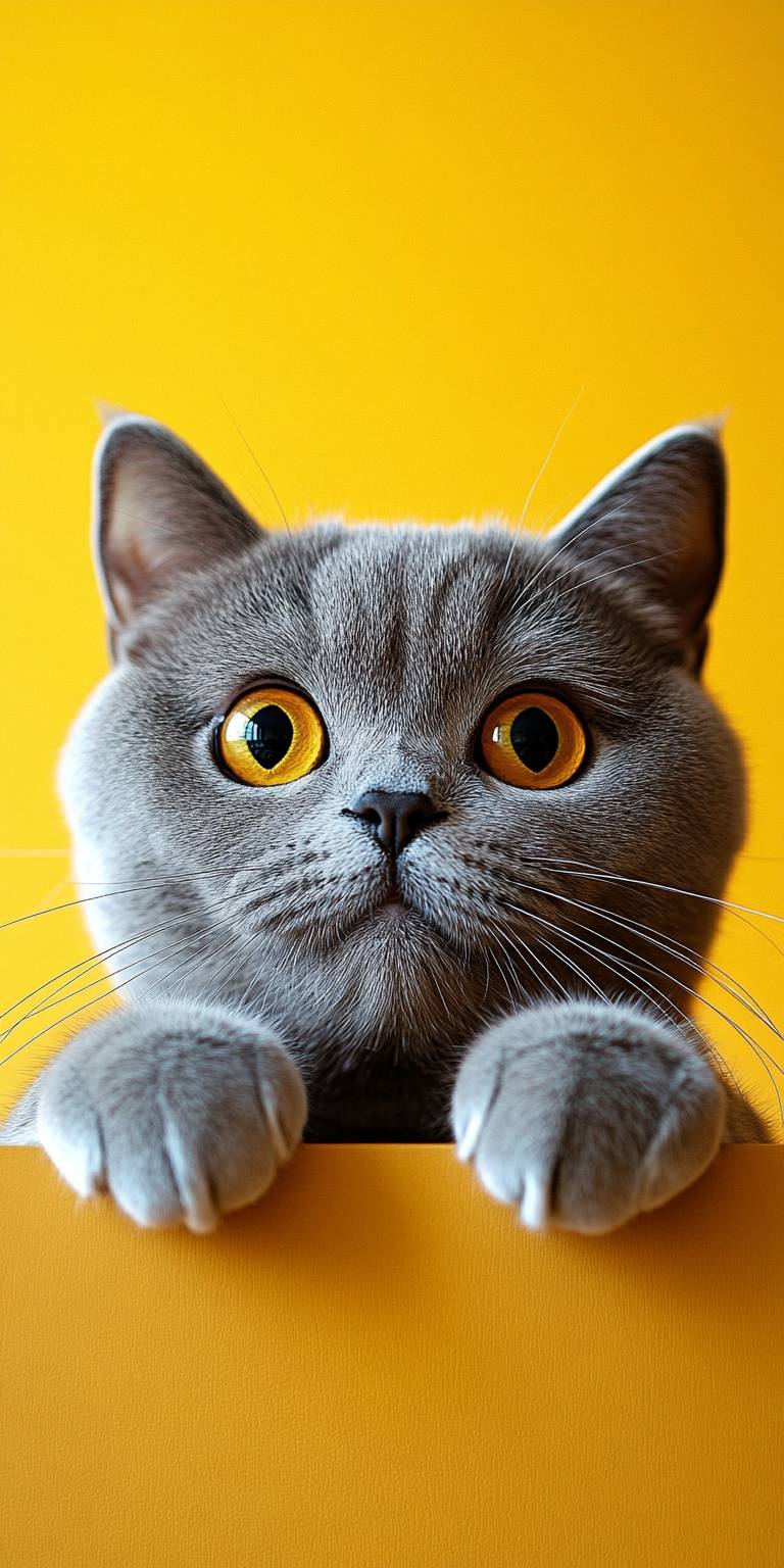 A cute British Shorthair cat peeking over a table against a yellow background, suitable for mobile wallpaper.