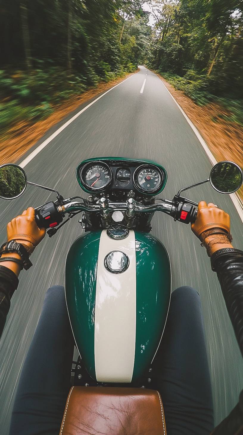 Uma piloto feminina cavalga elegantemente uma cafe racer vintage pelo campo da Tailândia.