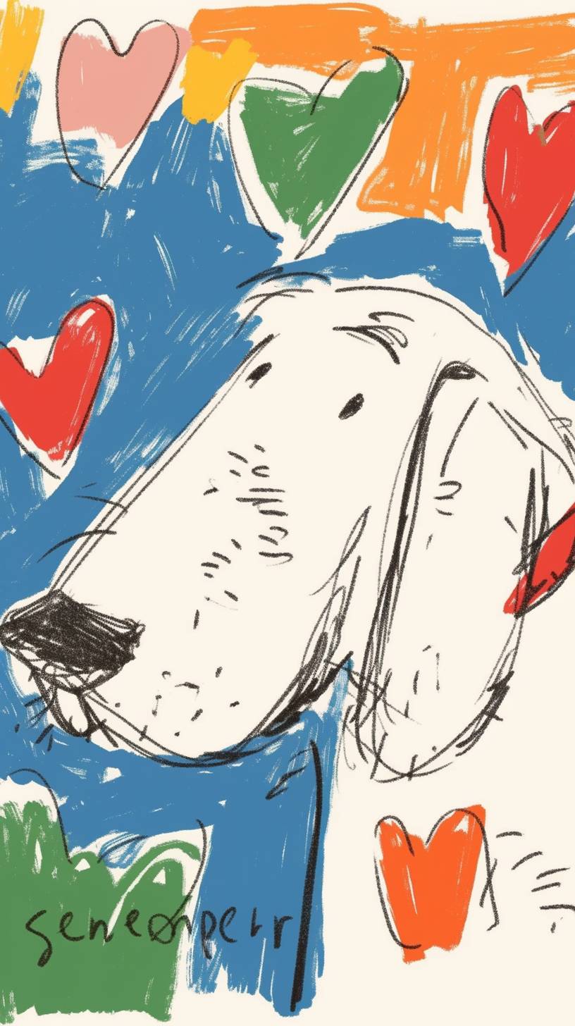 Patrón de perro de dibujos animados lindo con líneas simples y fondo blanco, rodeado de corazones y nubes.