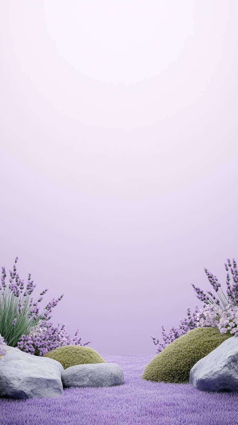 Fondo publicitario de naturaleza con lavanda, musgo y rocas, cielo degradado púrpura y estilo minimalista.