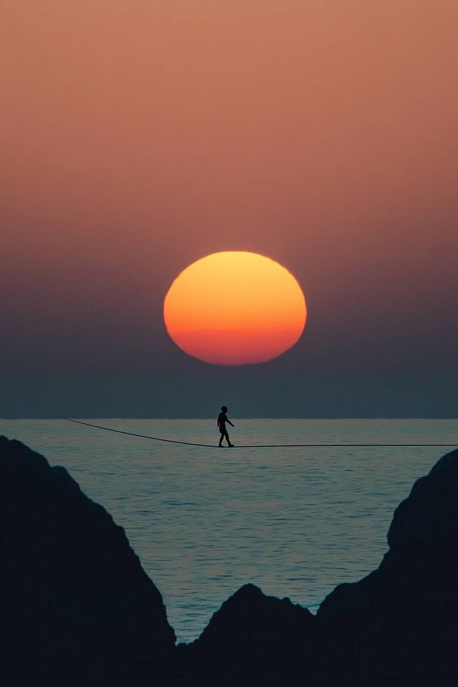 Ein minimalistisches schwedisches Linienkunst-Poster, das eine kleine Figur zeigt, die bei Sonnenuntergang über einen weiten Ozean auf einem Seil läuft.