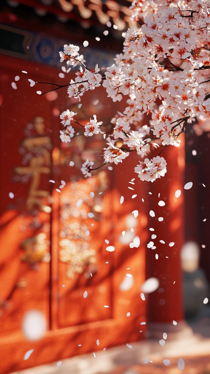 Na primavera, flores de cerejeira caem sobre a parede vermelha de um antigo edifício chinês, cheio de vitalidade.