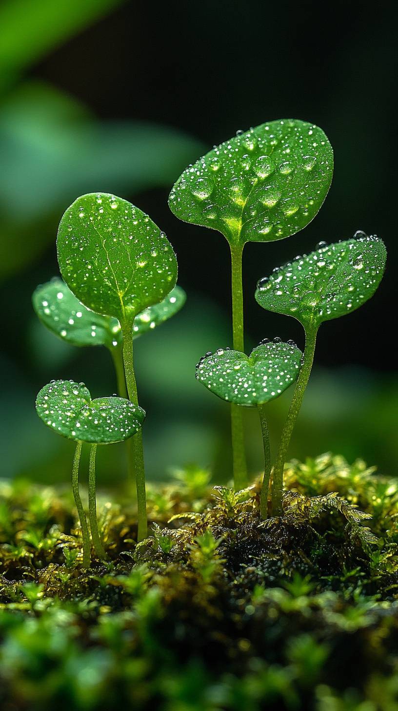 Gotas de orvalho na grama verde e musgo na primavera destacam o tema da proteção ambiental.