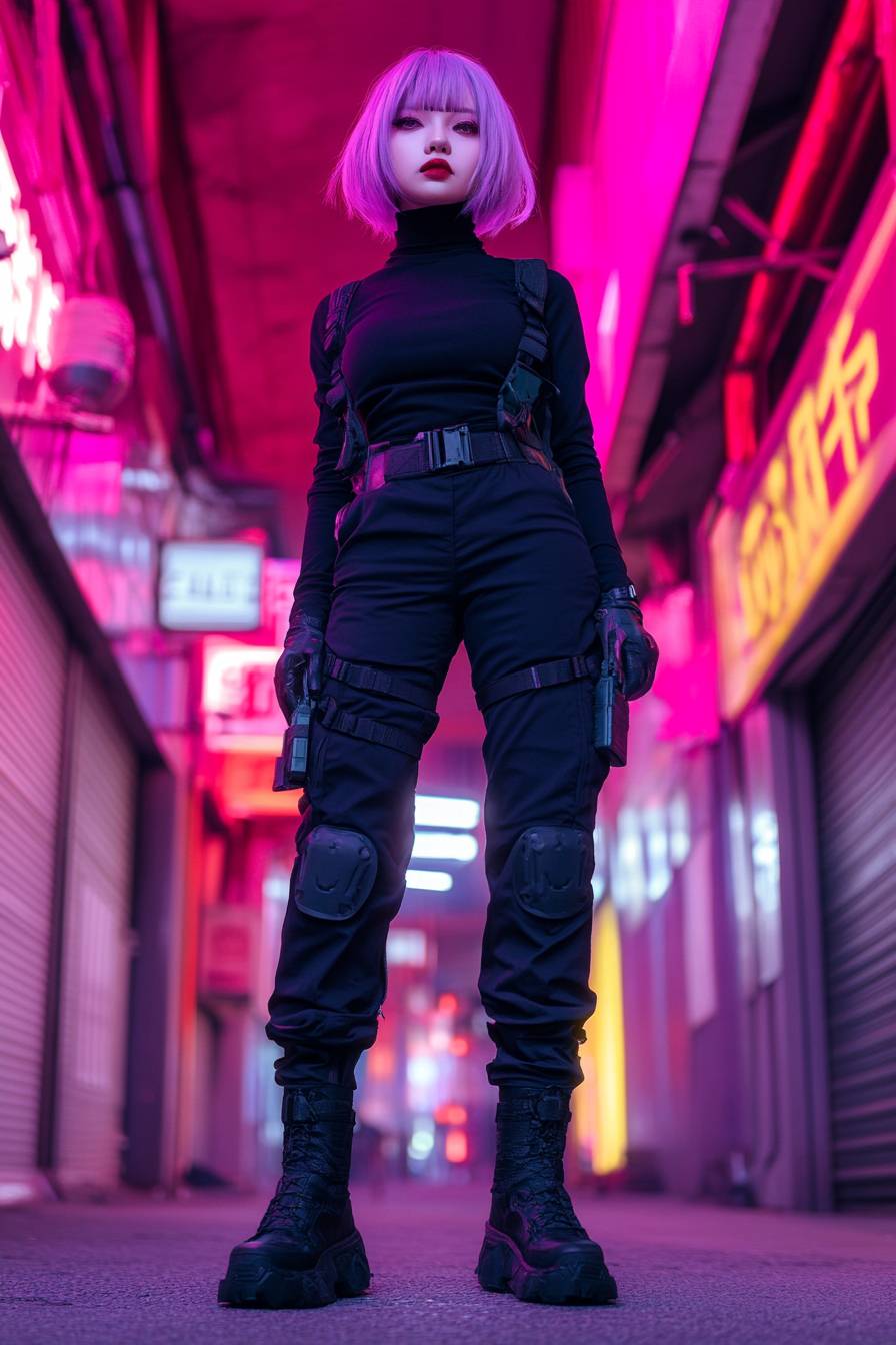 Fille d'anime inspirée par Major Motoko, avec des cheveux courts violets et des vêtements technologiques dans un décor cyberpunk.