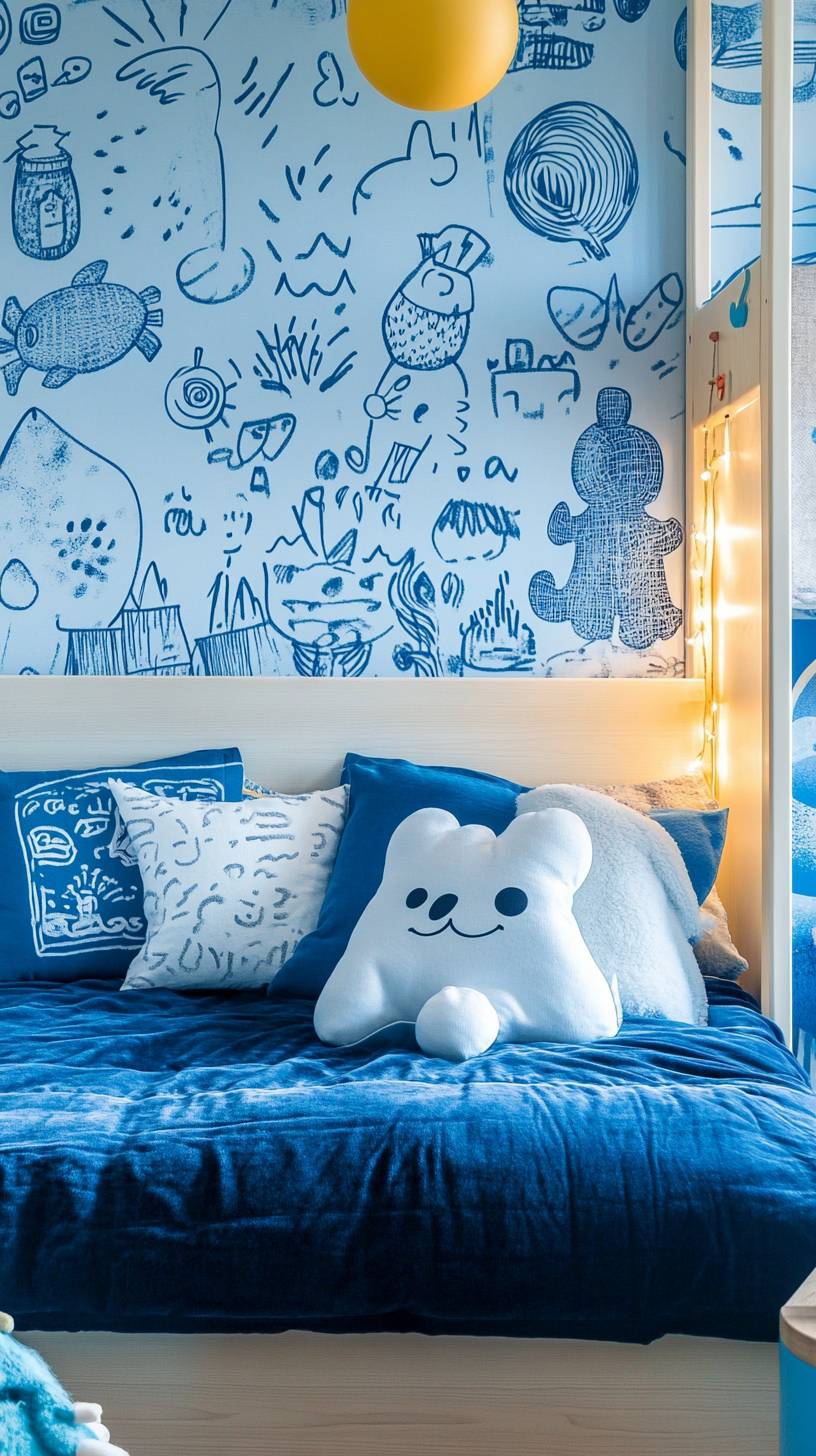 Doodle wallpaper for a child's bedroom in shades of blue.