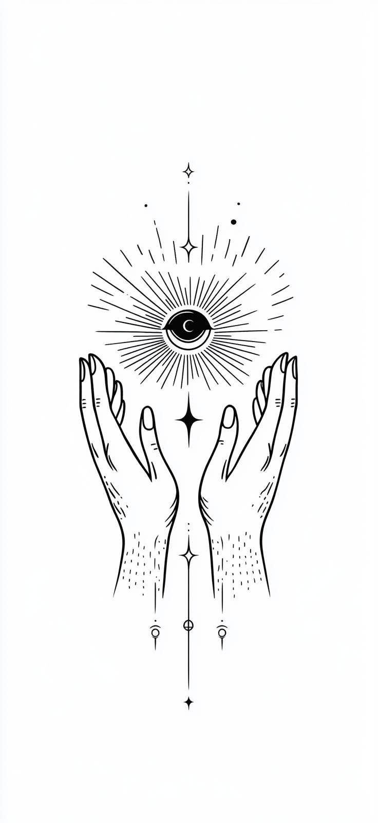 A minimalist logo design featuring two hands and an eye, symbolizing mysticism and magic.