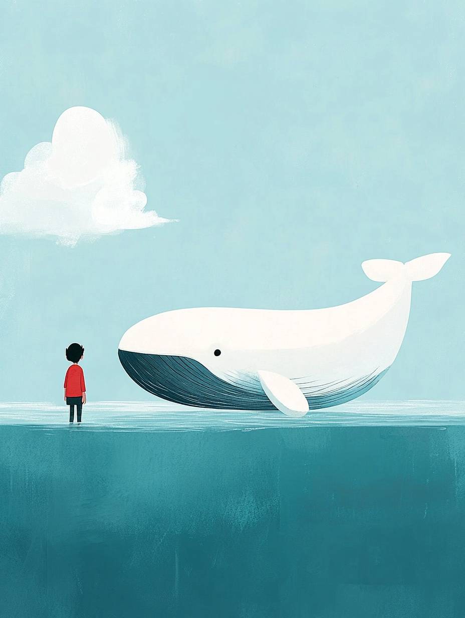 Une baleine mignonne avec un garçon en rouge, sur un fond simple, regardant le ciel bleu.