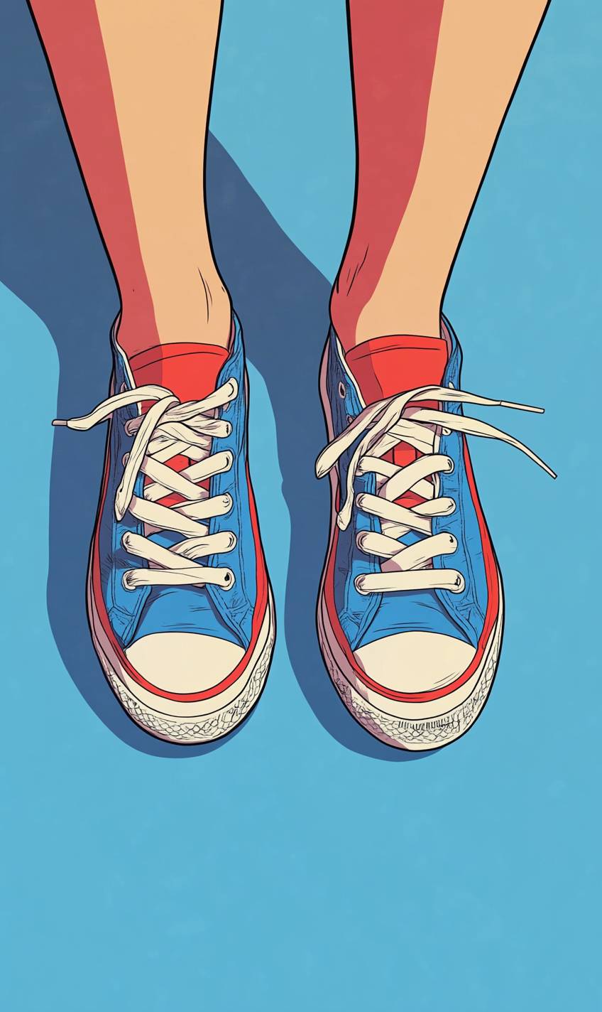 A teenager is wearing mismatched sneakers, one red and one blue.