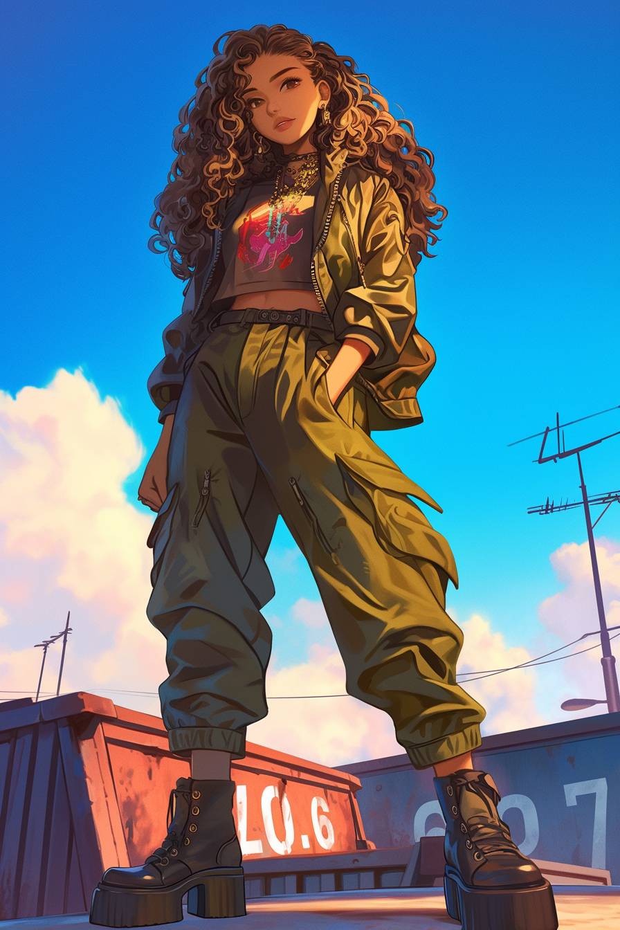 Estilo Zendaya, menina de anime com cabelo cacheado, moda ousada, jaqueta de couro, camiseta gráfica, calças cargo, botas plataforma, fundo urbano