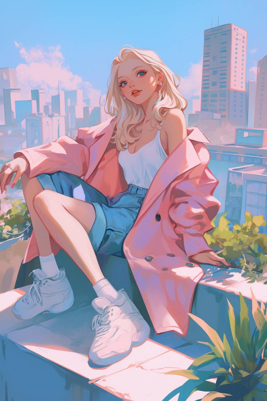 Margot Robbie style, anime girl with platinum blonde hair, summer look in pastel pink blazer and light wash mom jeans.