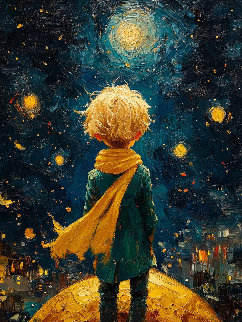 The Little Prince sits on a big yellow planet, wearing a green outfit and a long yellow scarf, with a fox beside him, against a Van Gogh starry night background.