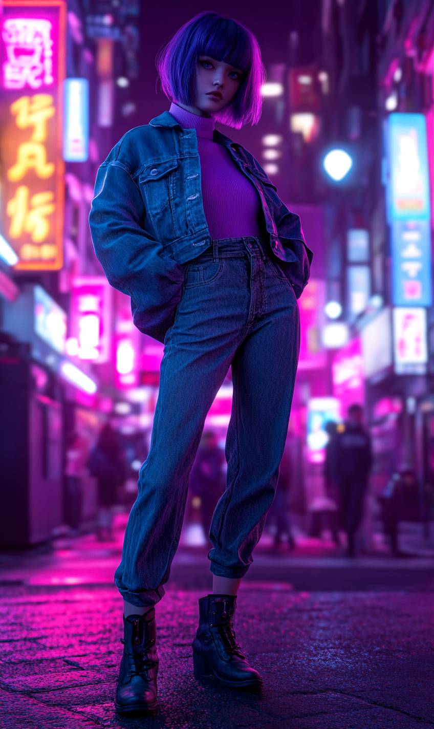 Faye Valentine's style: purple bob cut, street fashion, denim jacket, turtleneck, long pants, ankle boots, neon city.