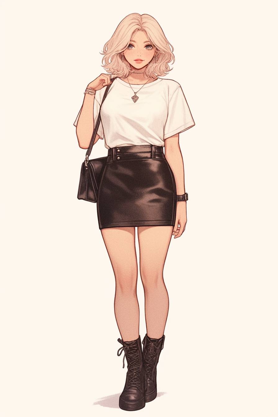 Estilo de Jennifer Lawrence, chica anime con bob desordenado rubio, casual y genial, camiseta blanca, falda corta de cuero, botas tobilleras, bolso cruzado, distrito de compras.