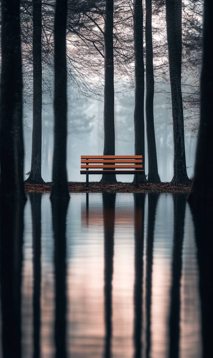 Ein hochauflösendes Foto einer Bank zwischen Bäumen, mit verschwommenem Hintergrund, der eine ruhige Atmosphäre schafft.