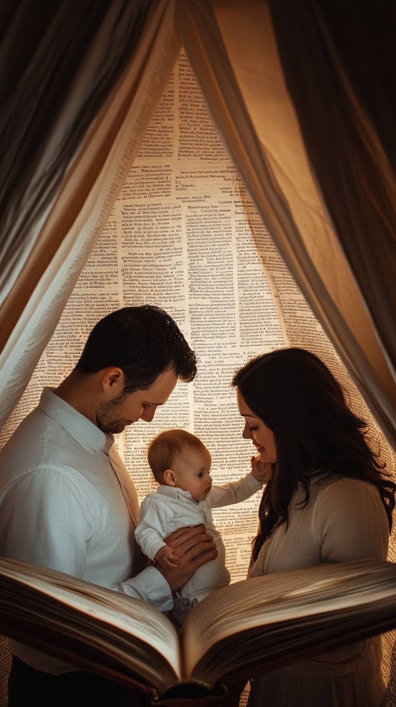 Uma família de três interage intimamente na frente de um livro enorme, mostrando uma atmosfera calorosa.