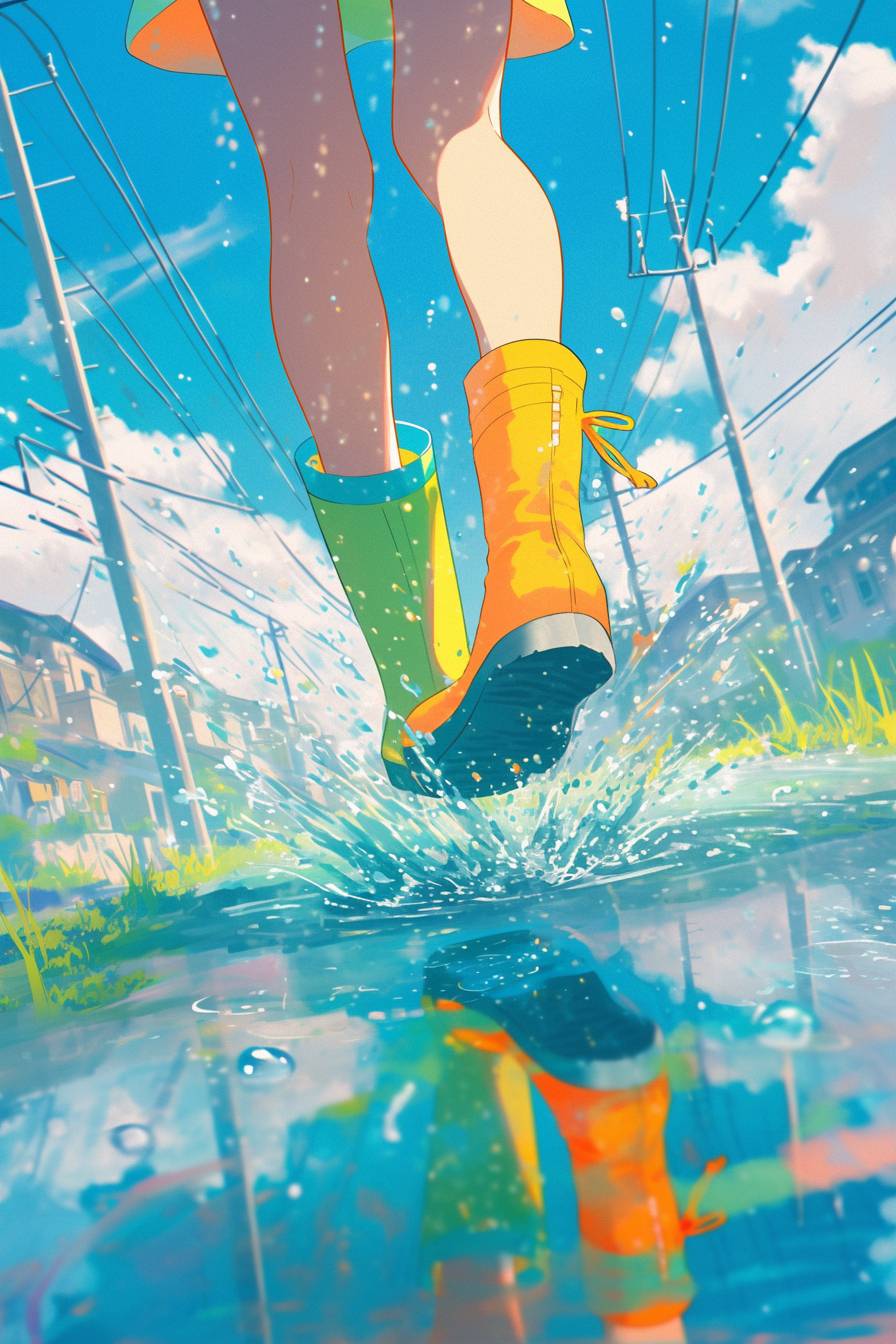 A child in brightly colored rubber boots splashing through a puddle with a muted cityscape in the background.