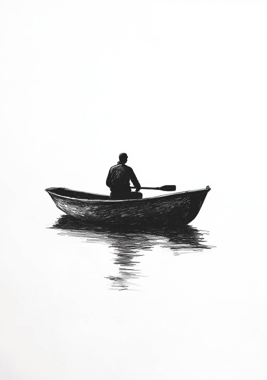 Dibujo minimalista en blanco y negro de un pescador en un pequeño bote, sobre un fondo blanco.