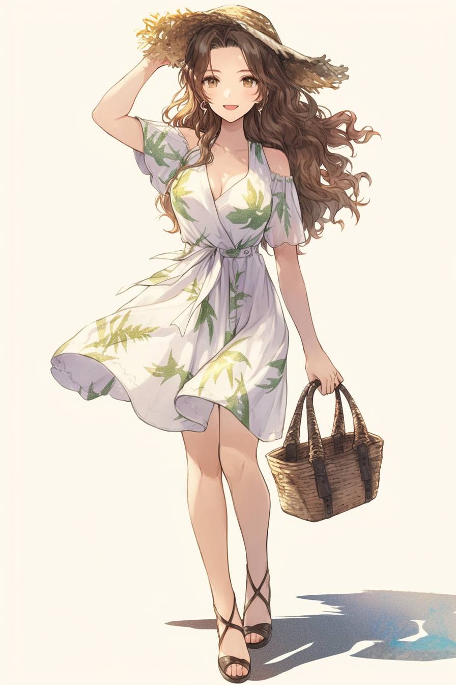 Estilo de Lily James, chica de anime con cabello marrón ondulado, moda romántica, vestido floral, sandalias de cuña, bolsa de paja, fiesta en el jardín