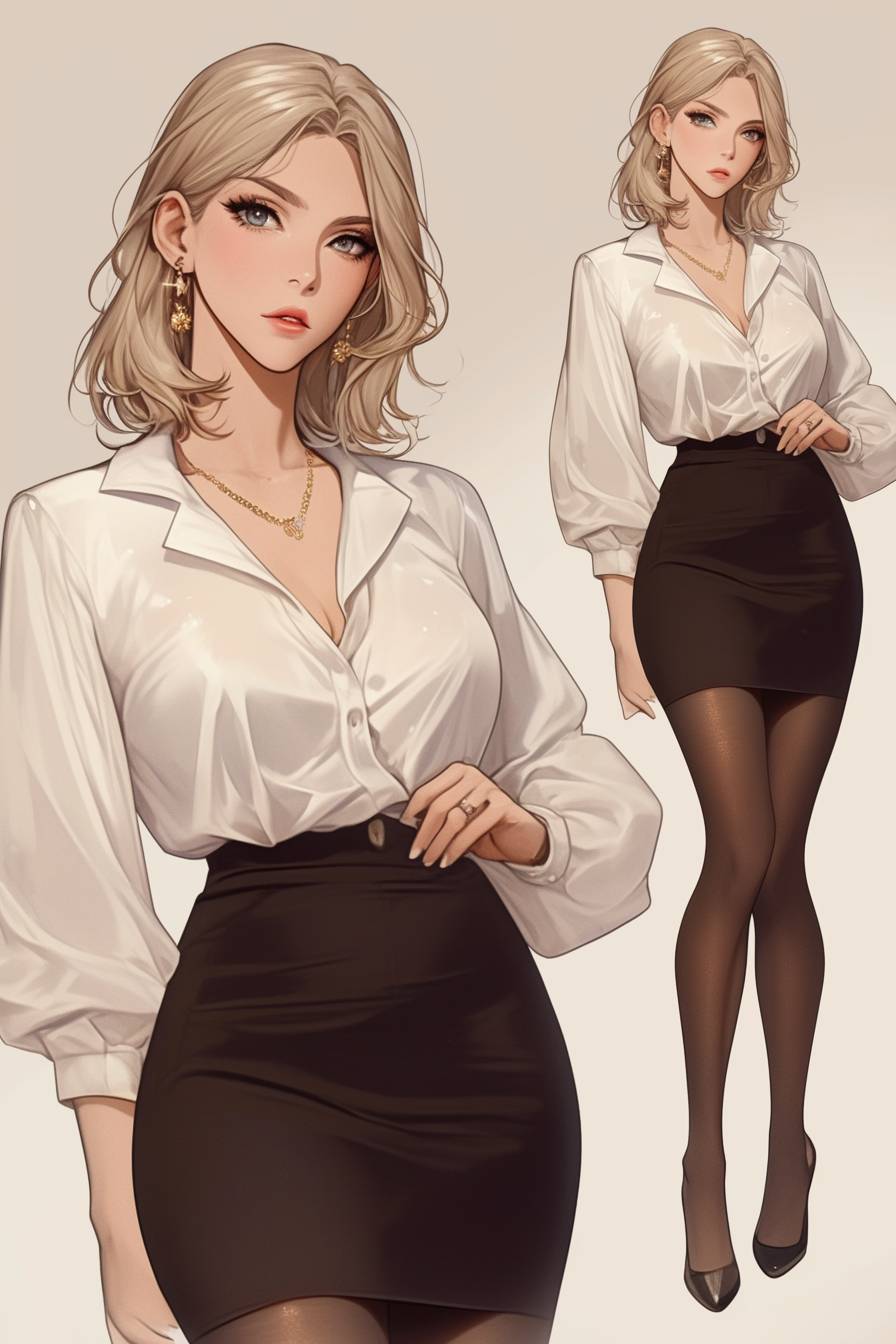 Fille d'anime inspirée par Scarlett Johansson, avec des cheveux blonds jusqu'aux épaules, un look sophistiqué, une blouse en soie, une jupe crayon, des talons aiguille, dans un bureau.