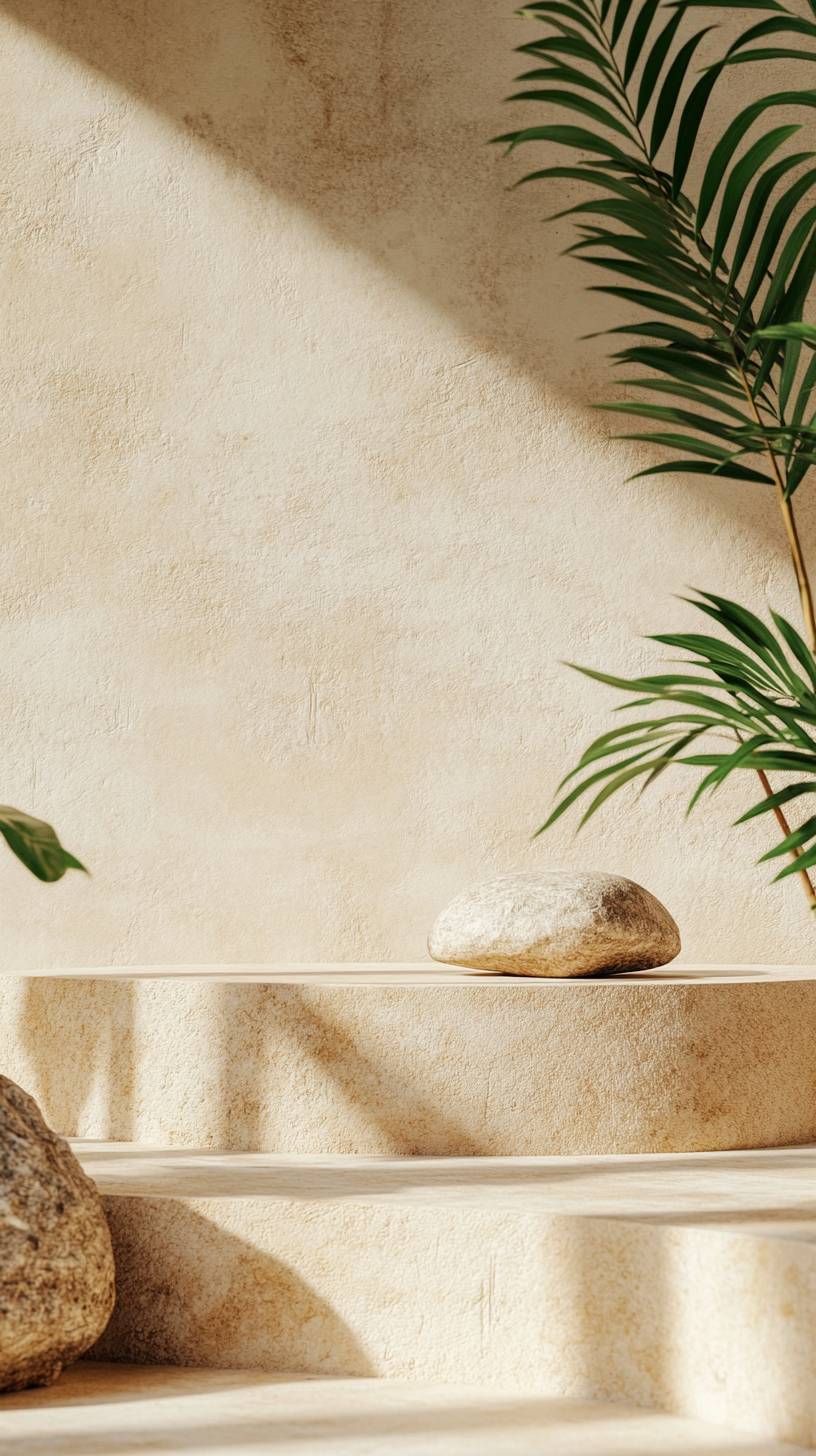 Simple beige e-commerce podium background with natural bamboo and rocks for product display in high definition.