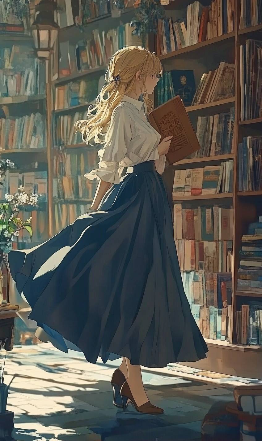 Une fille d'anime en blouse blanche, jupe midi bleue et chaussures oxford brunes dévoile un style décontracté élégant dans une librairie vintage.