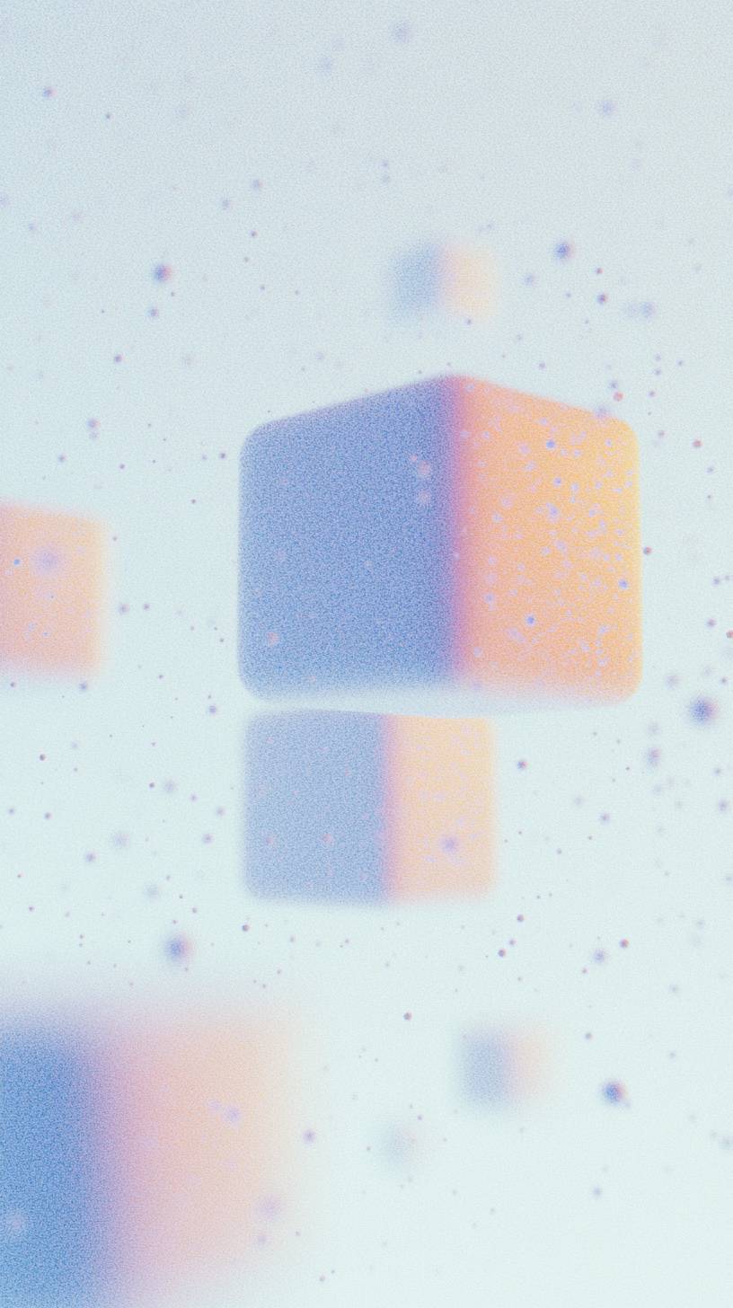 White glowing purple squares made of particles designed by Katsuhiro Otomo