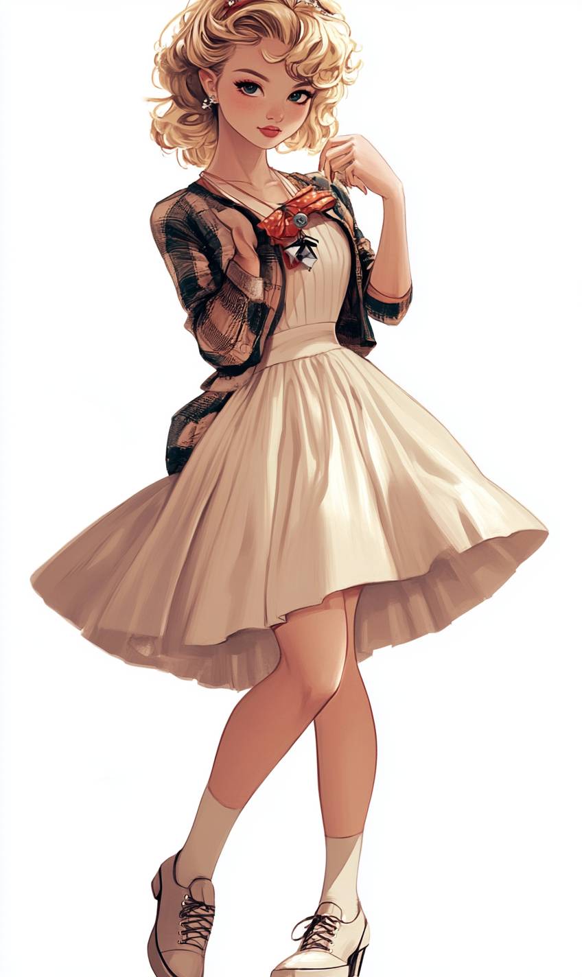 Sandy (Grease) fashion, an anime girl with blonde curls wearing a 50s style dress, cardigan, and saddle shoes for a high school dance.