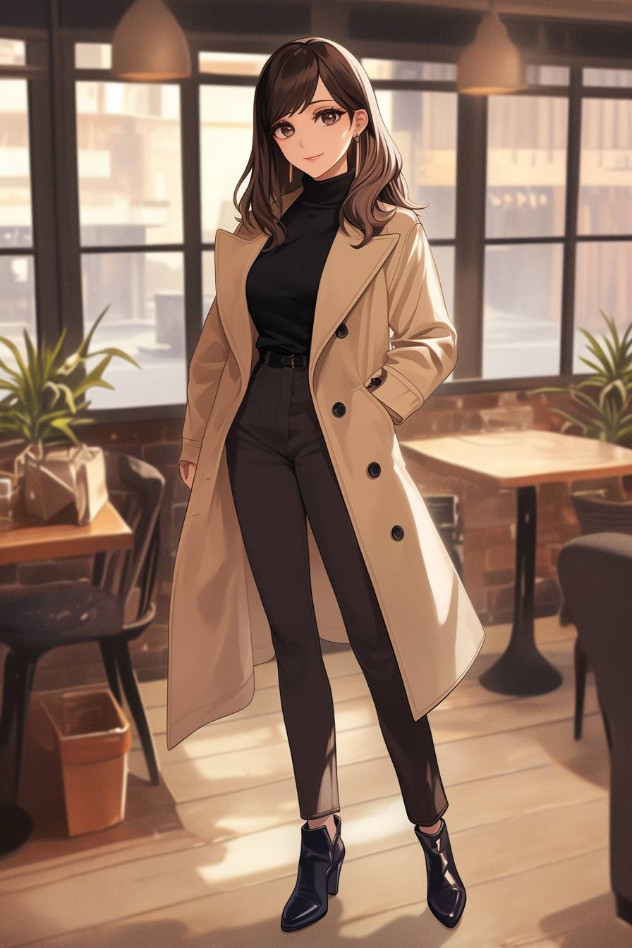 Garota de anime inspirada em Anne Hathaway, cabelo longo escuro e elegante, estilo clássico, blusa preta, trench coat bege, calças retas, botas de tornozelo, ambiente de cafeteria.