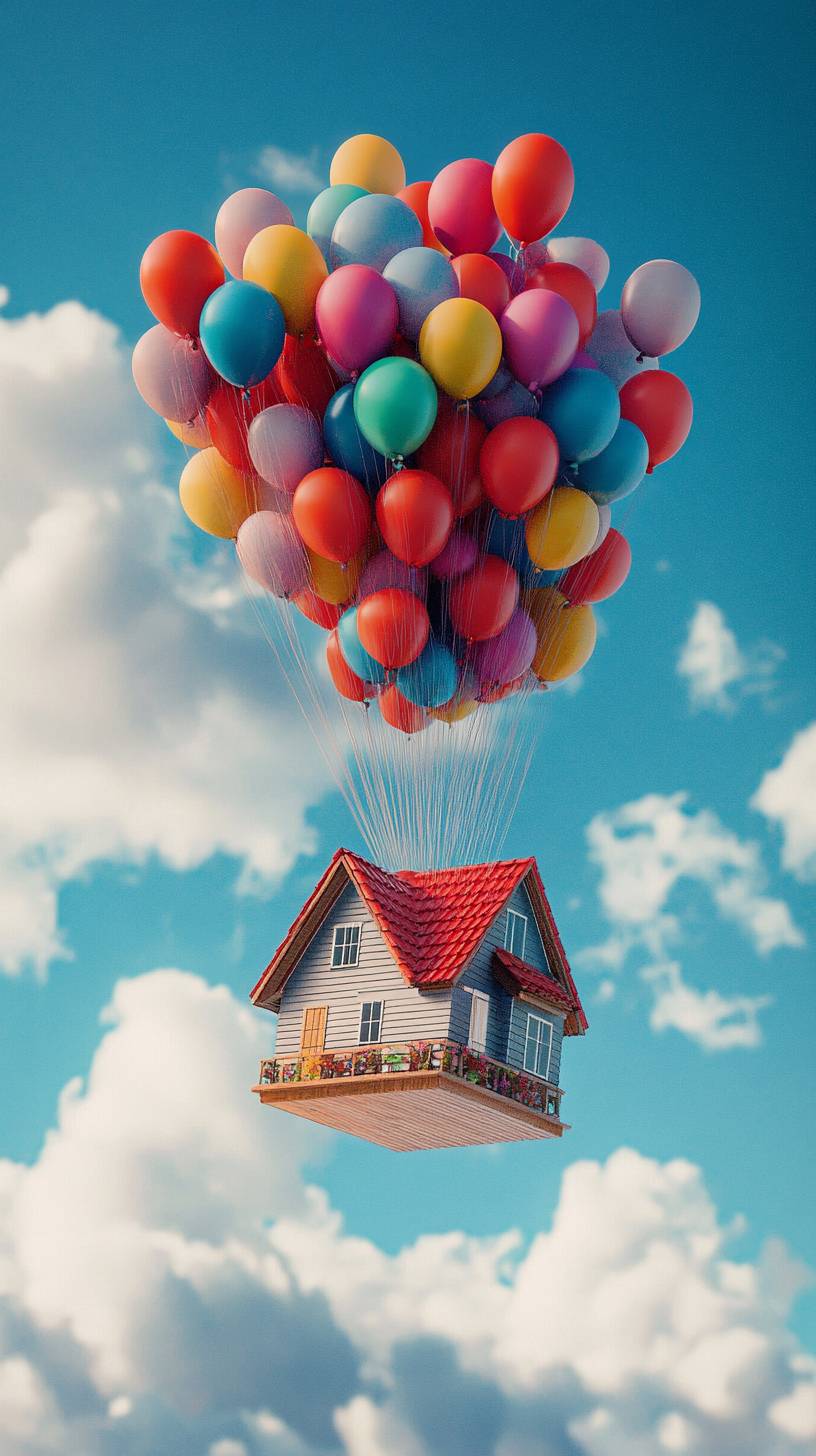 A minimalistic house flying in the sky with balloons