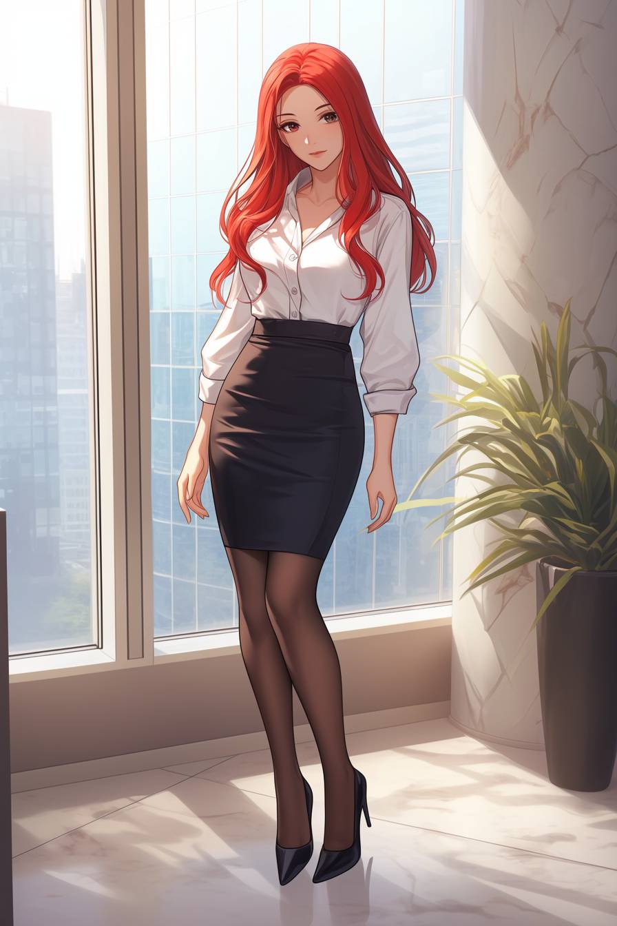 Garota de anime inspirada em Jessica Chastain, com cabelo vermelho comprido, casual de negócios, blusa de seda, saia lápis, sapatos de salto, no saguão de um escritório.