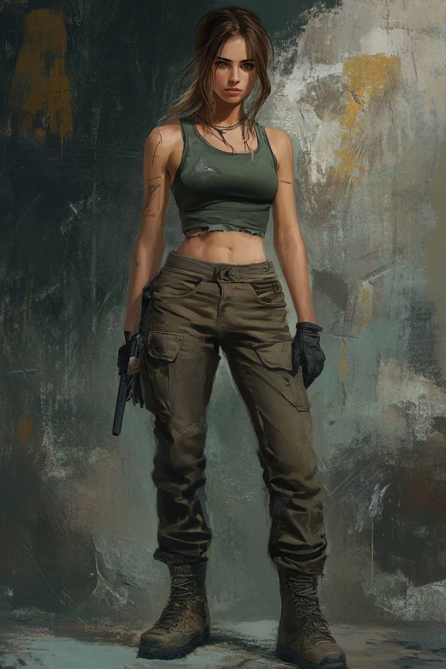 Anime-Mädchen inspiriert von Sarah Connor aus Terminator, mit zerzausten braunen Haaren, militärischem Tanktop, Cargo-Hosen und Kampfstiefeln vor einem industriellen Hintergrund.