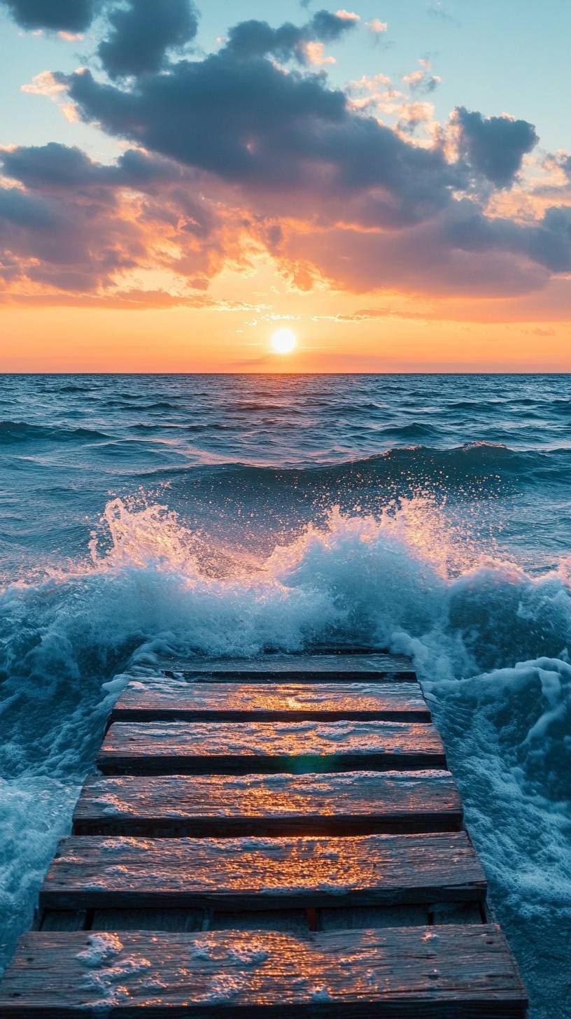 During sunset, rough sea waves crash against an old dock, with dramatic clouds and warm blue and orange tones in the sky.