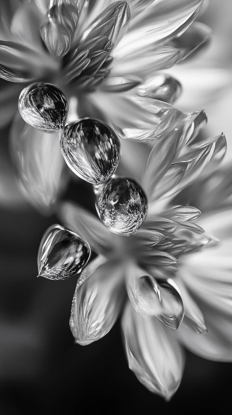 Um close-up de gotas de chuva no vidro, com reflexos detalhados criando um efeito calmo e elegante.