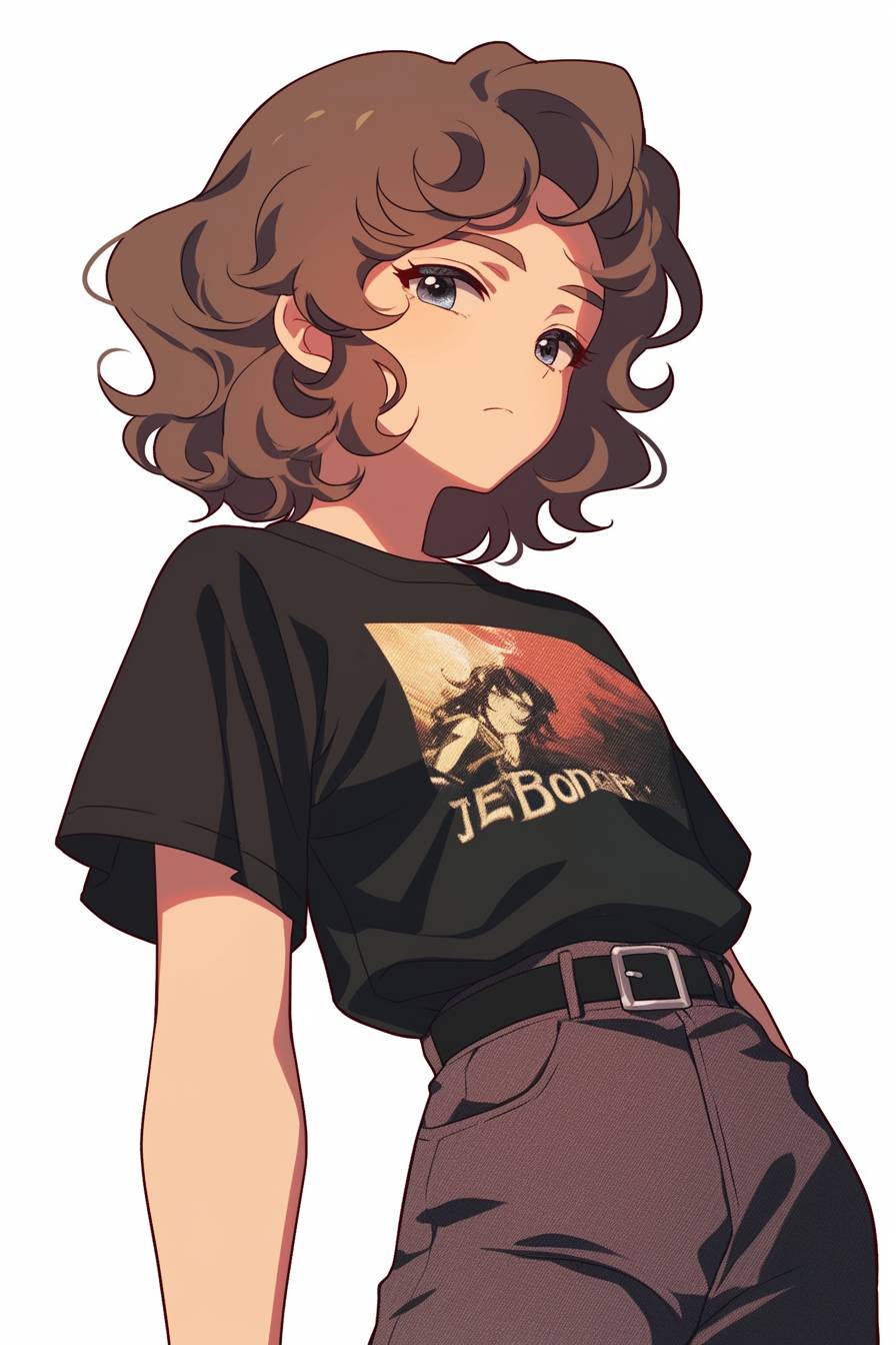 Anime girl inspired by Maya Hawke, with curly brown hair, indie style, vintage t-shirt, corduroy pants, and doc martens, in a vinyl shop.