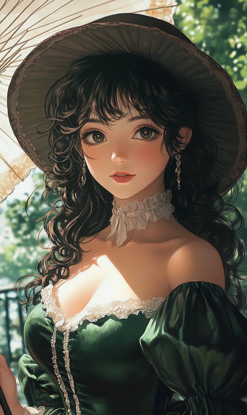 Anime girl in a green velvet dress, wide brim hat, and parasol, embodying Scarlett O'Hara's style.