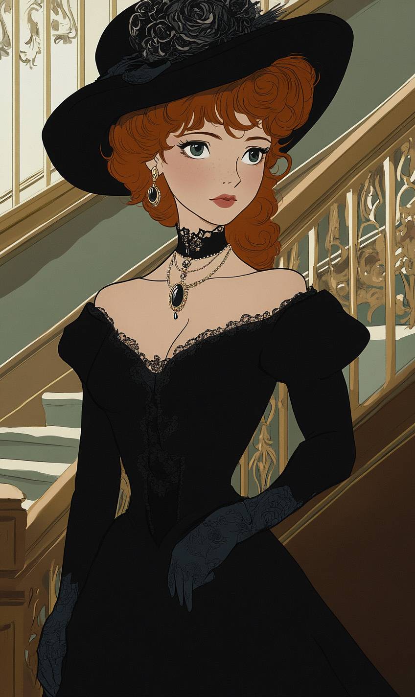 La moda de Rose DeWitt (Titanic) presenta a una chica de anime con rizos rojos en un vestido eduardiano, guantes de encaje, un collar de cameo y un sombrero vintage.