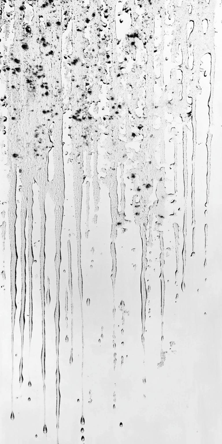 Black and white photography of water dripping on a window with many little droplets.