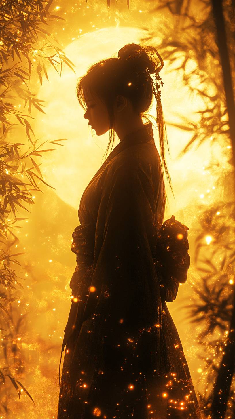 Uma mulher em Hanfu está entre os bosques de bambu, iluminada por luz dourada, capturando a essência da cultura chinesa antiga.