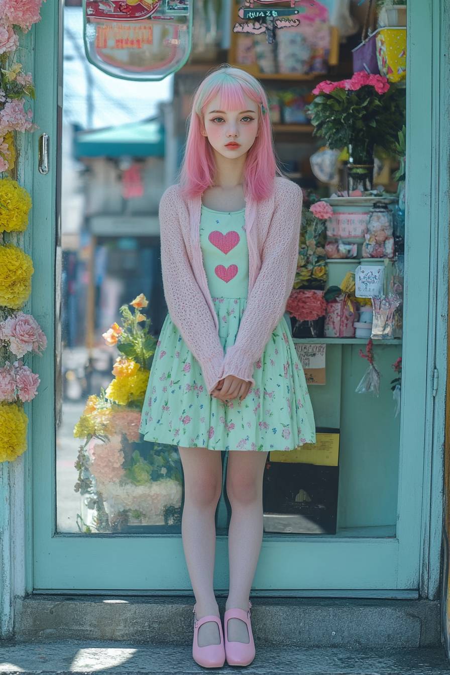 Fille d'anime au style Mitsuri Kanroji avec des cheveux roses et verts, portant une robe d'été verte pastel et un cardigan à motifs de cœurs.