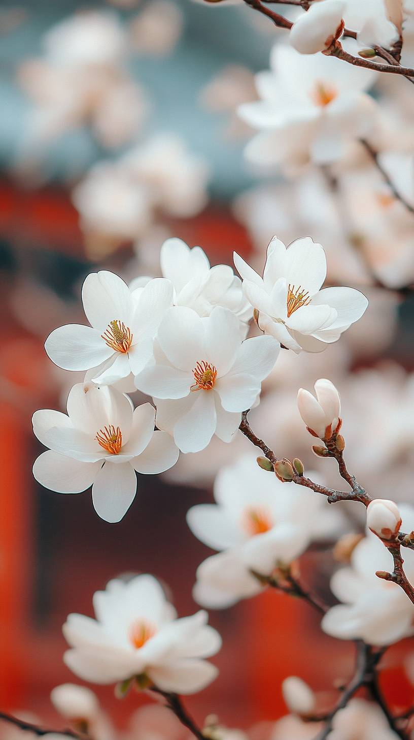 Aesthetic photo of white magnolia flowers in front of the Palace Museum, low saturation. 