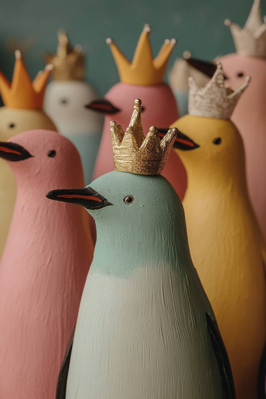 Colorful opalescent penguins wearing crowns