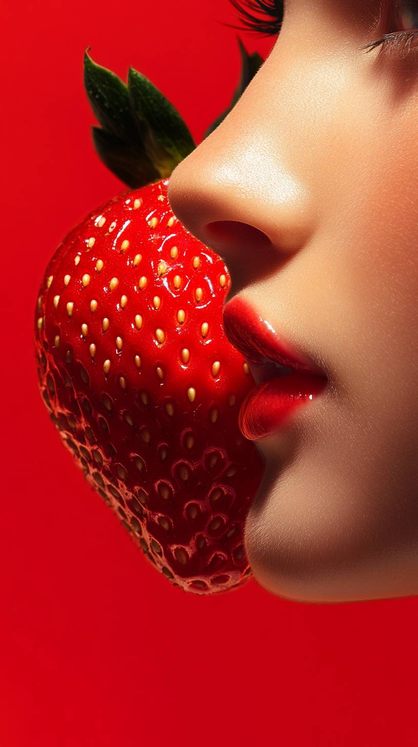 A delicious strawberry, vibrant red, ultra close shot, high resolution.