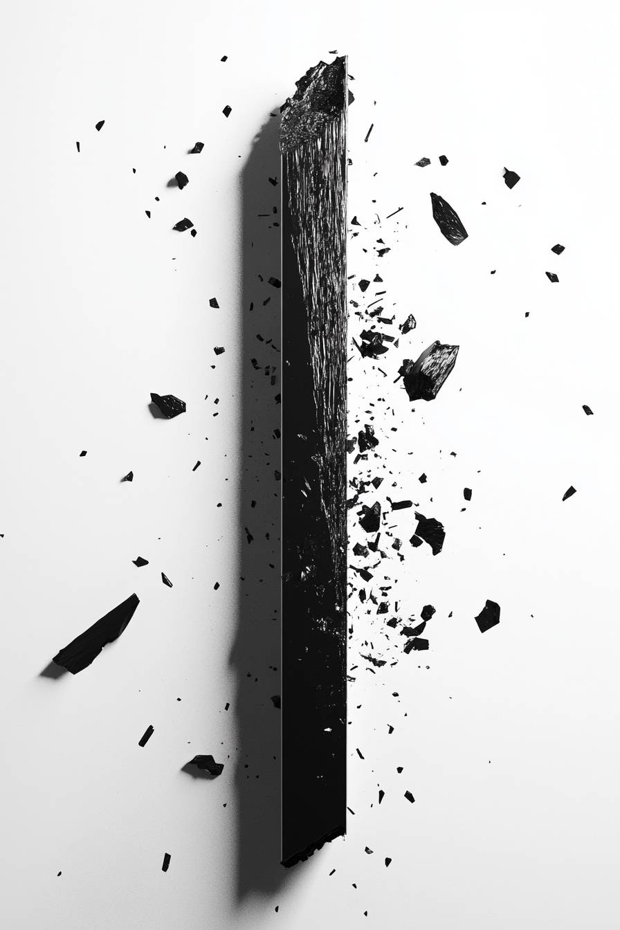 A black vertical bar cracks and shatters on a white background, with debris scattering in a minimalist style.