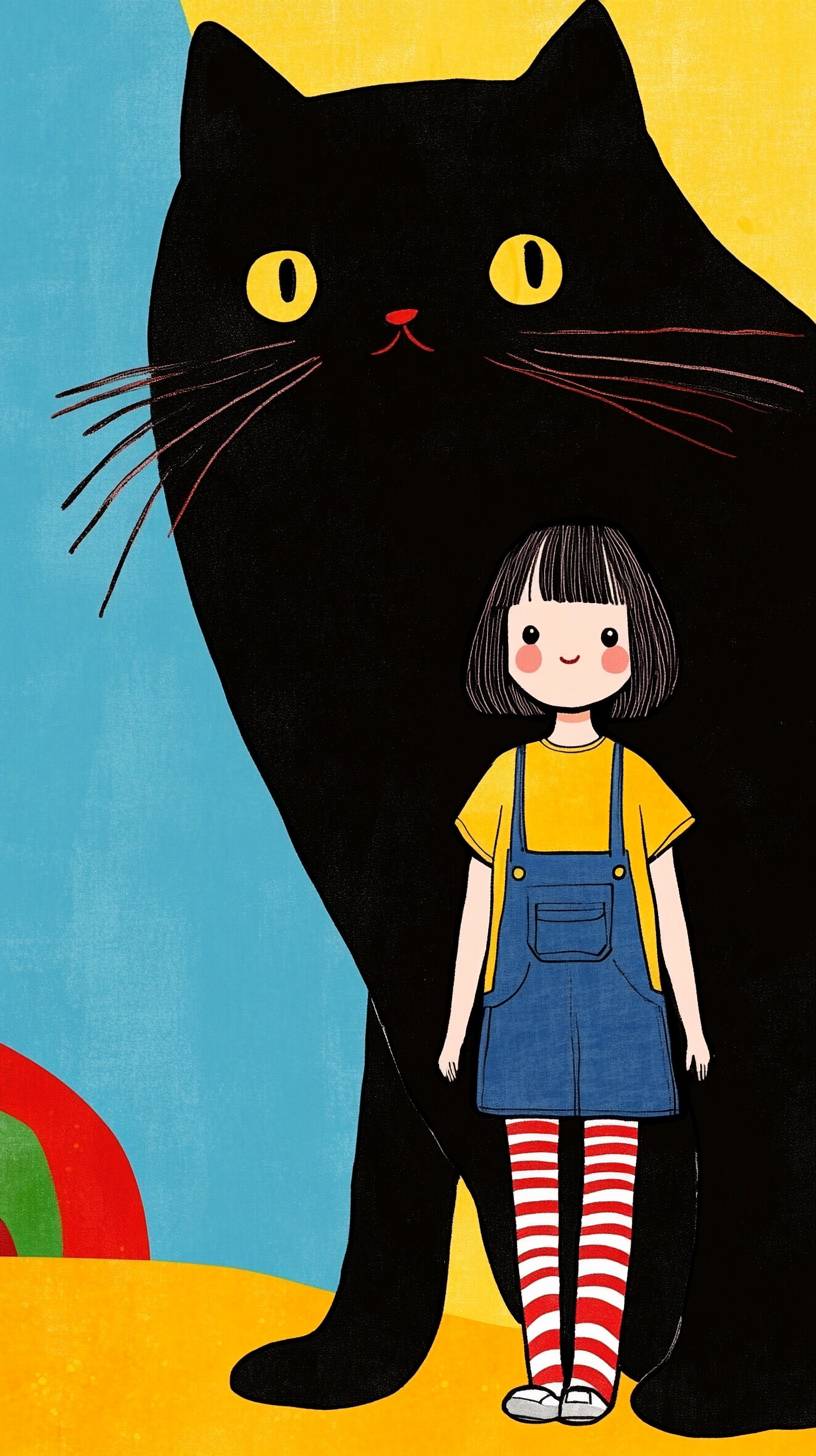 A cute girl with short hair in overalls and striped socks stands next to an oversized black cat against a colorful background.