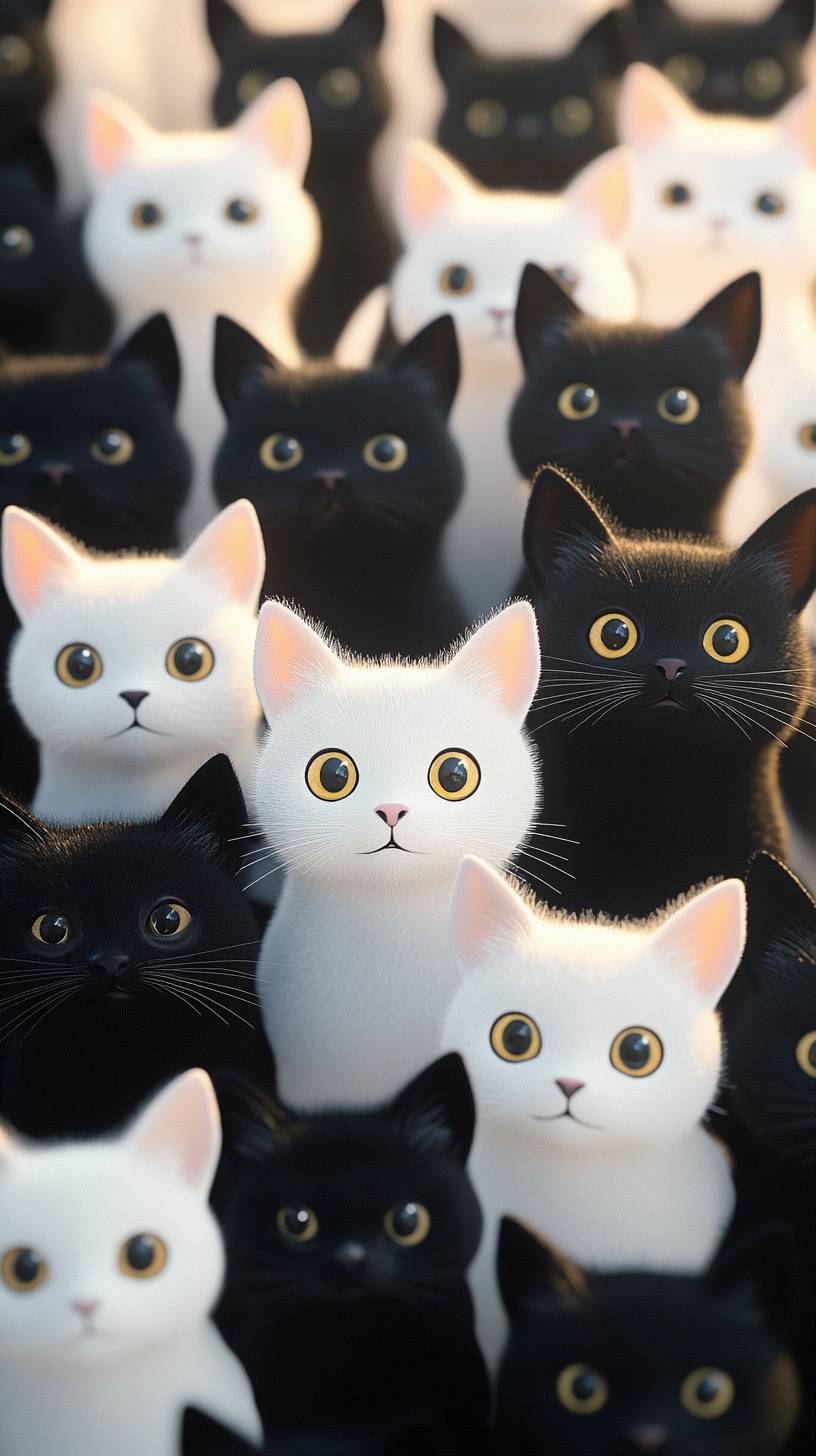 Un grupo de adorables gatos blancos y negros en una ilustración de estilo anime con un fondo simple que crea una atmósfera juguetona.