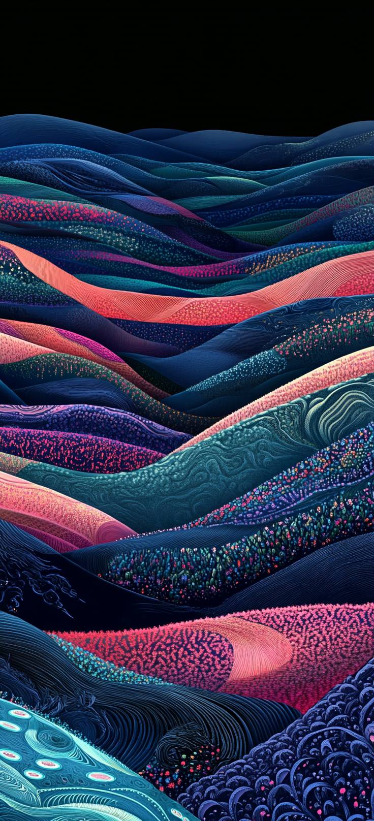 A digital artwork depicting colorful ribbons weaving through rolling hills, creating an abstract pattern.